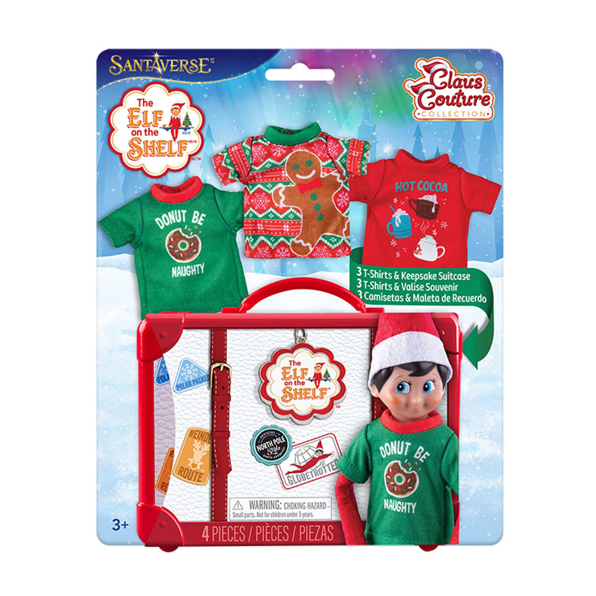 Packaged toy set with Christmas-themed t-shirts and a suitcase, featuring 'The Elf on the Shelf' brand.