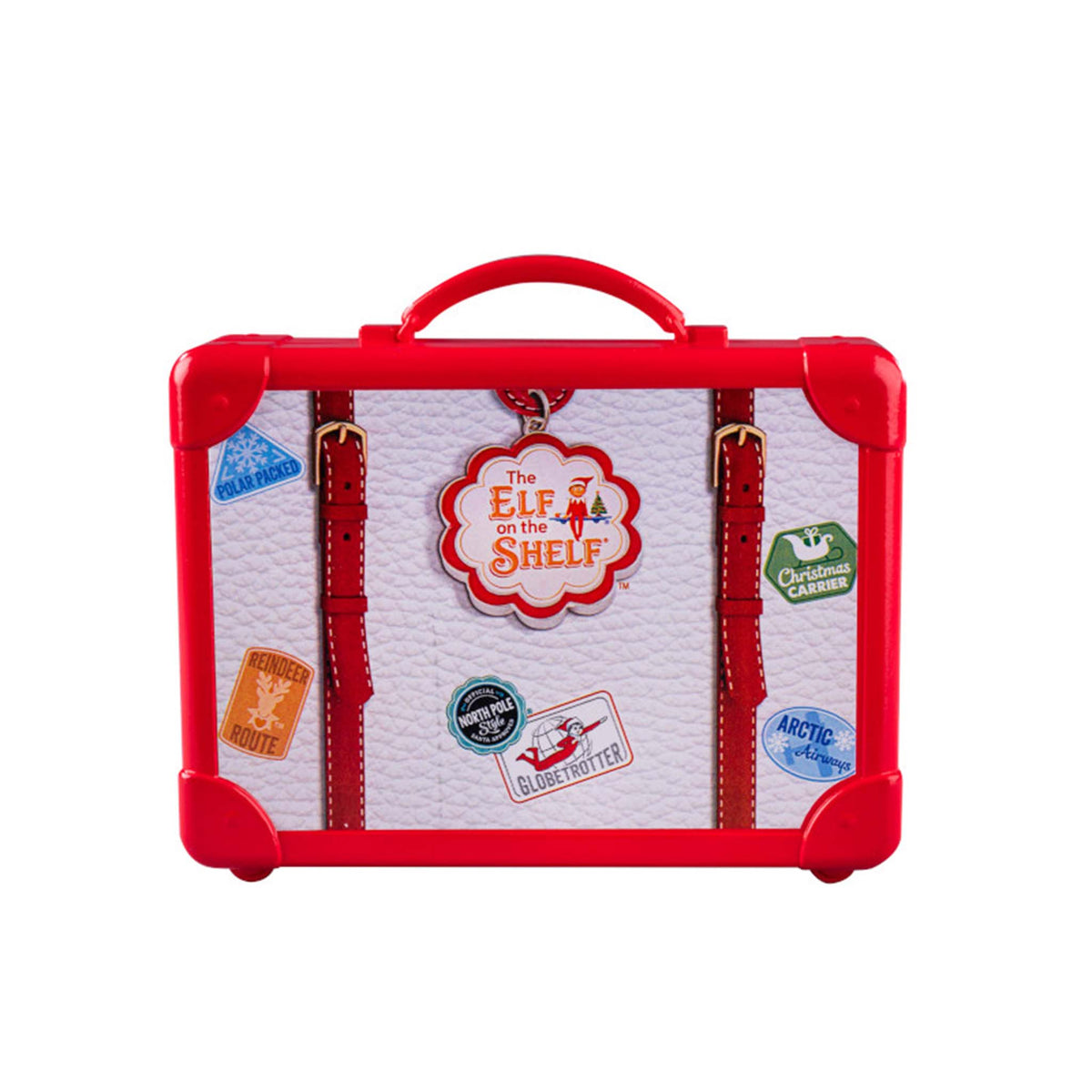 Red suitcase with 'Elf on the Shelf' branding and travel-themed stickers on a white background