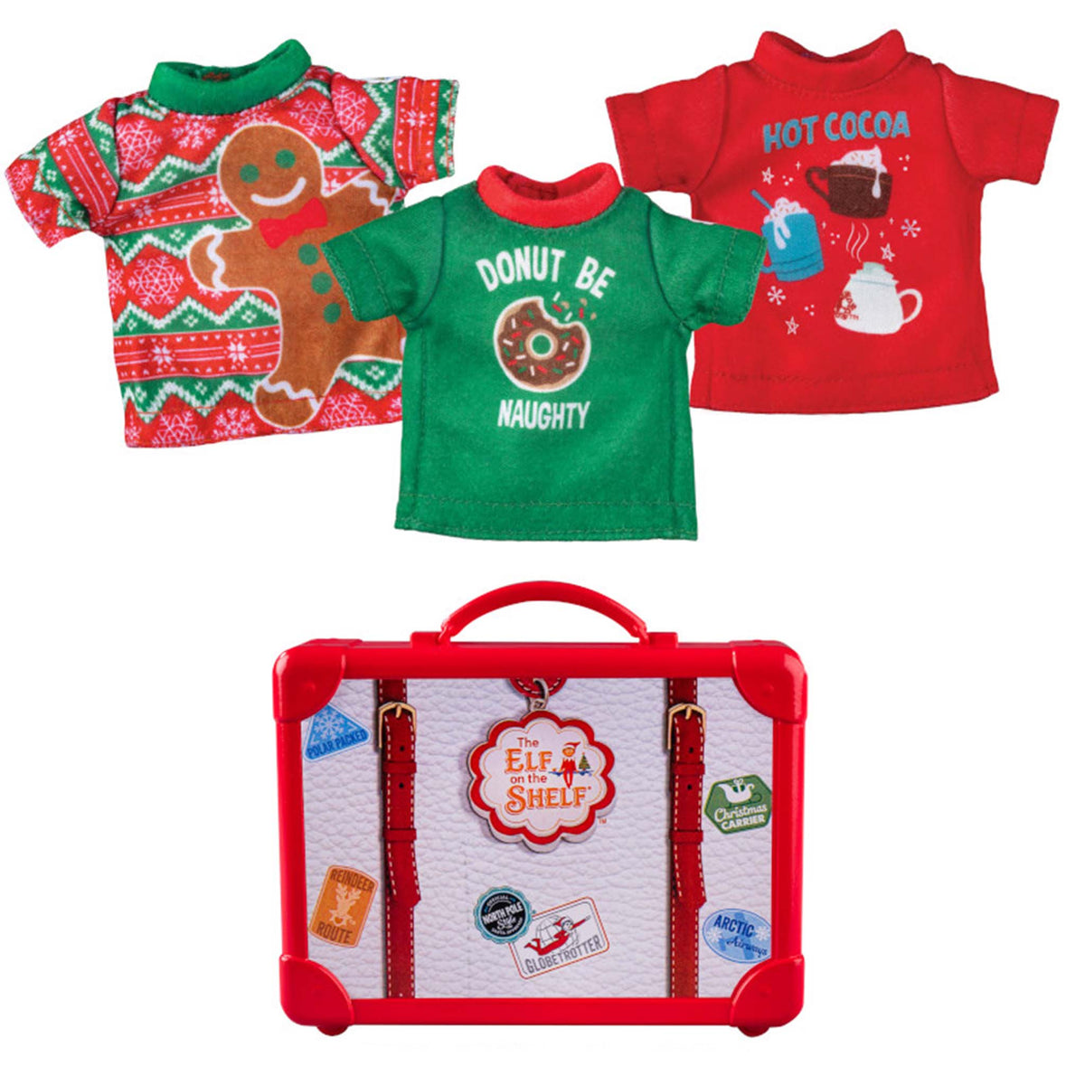 Three Christmas-themed t-shirts and a red suitcase with 'Elf on the Shelf' branding.