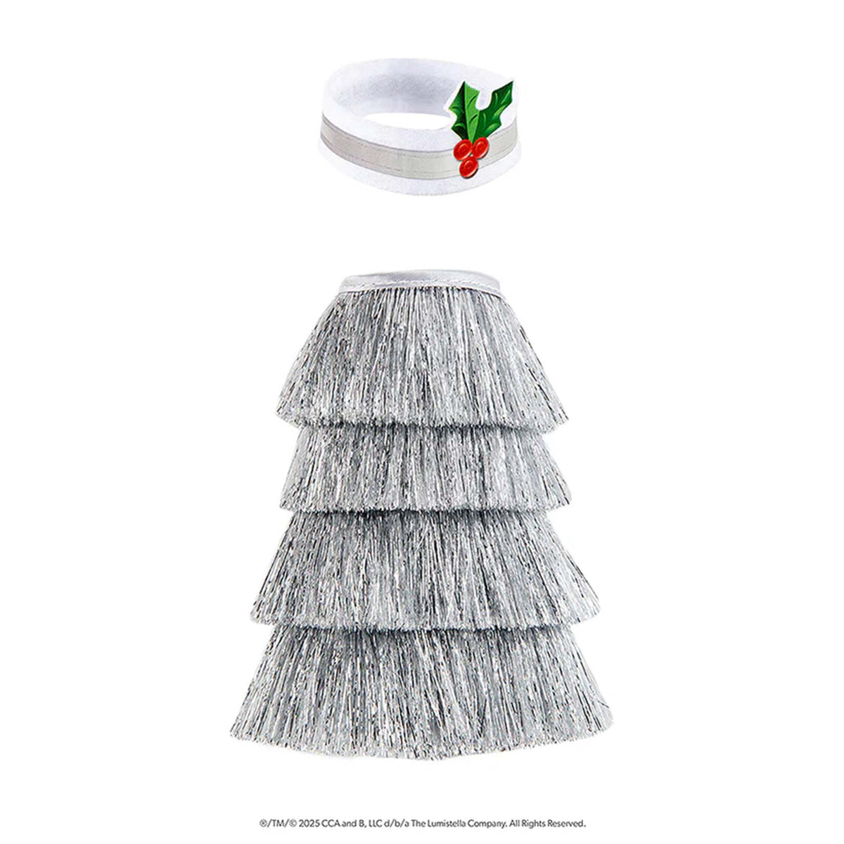Silver tiered skirt with a white top and holly design on a white background