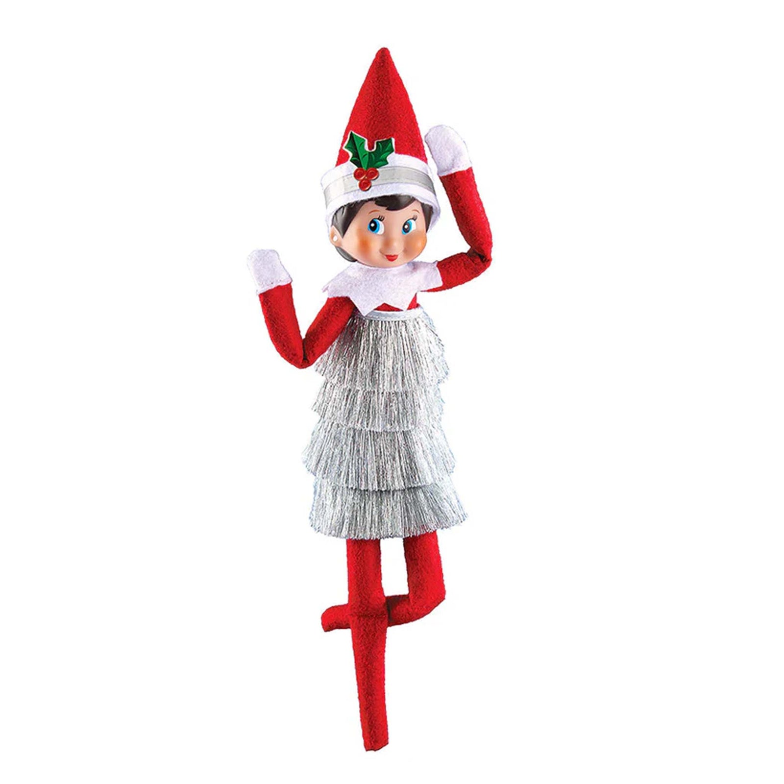 Elf on the Shelf character in a red and white outfit with a green bow on a white background
