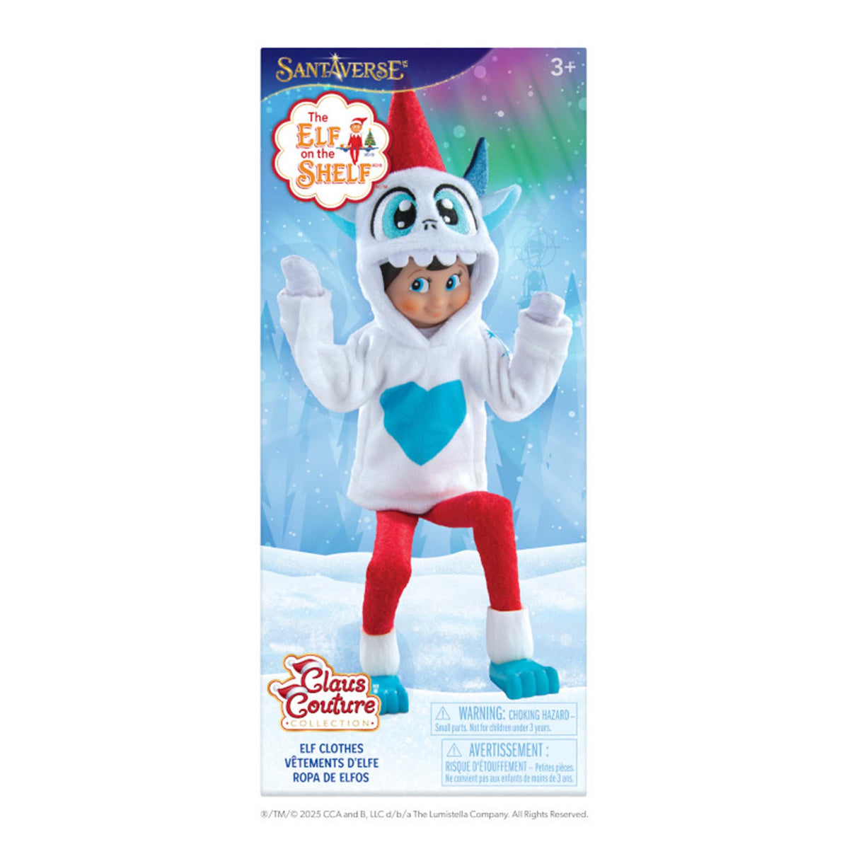 Elf on the shelf doll in a costume with a blue heart on a colorful packaging background