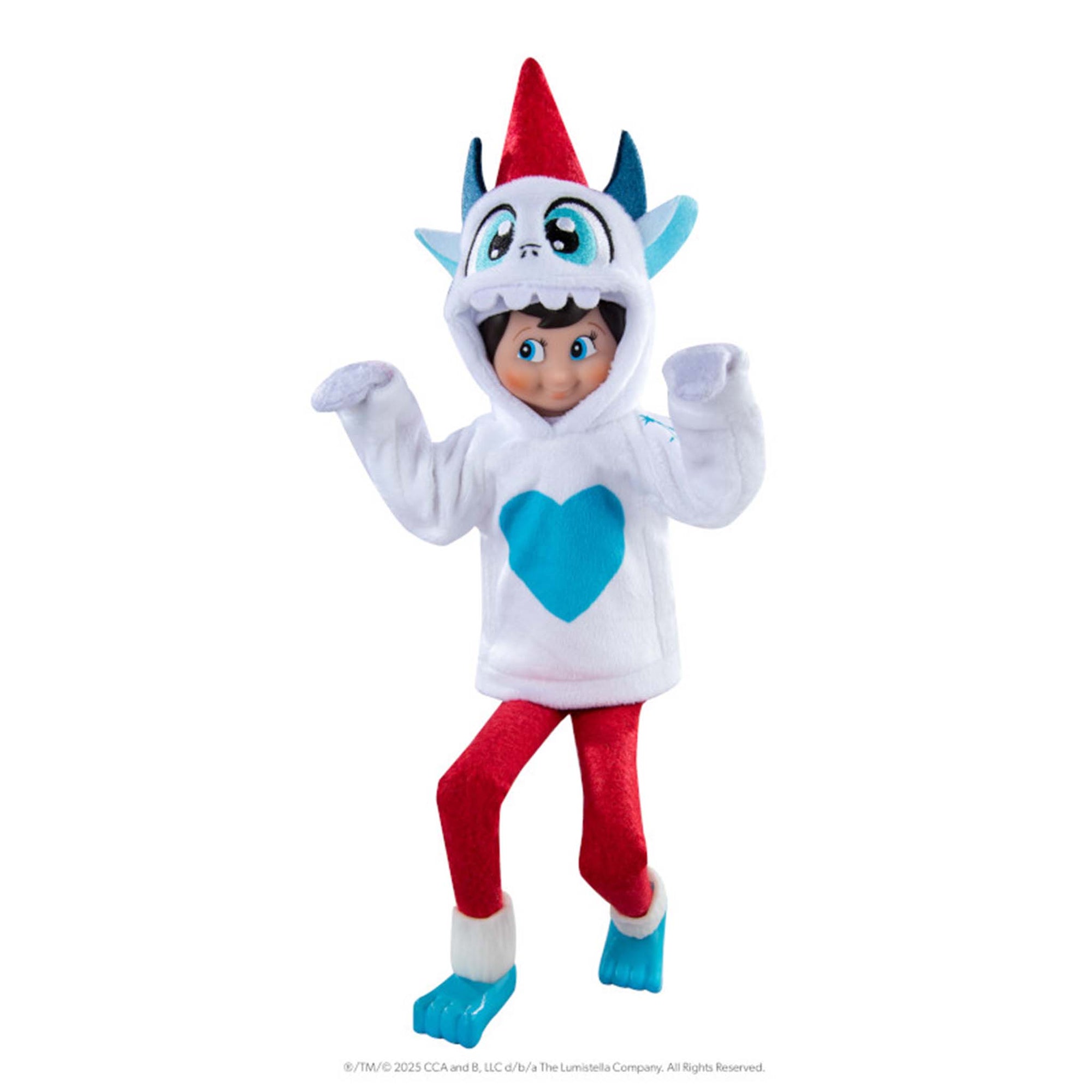 Elf on the shelf doll wearing a cartoonish costume with a blue heart on a white background