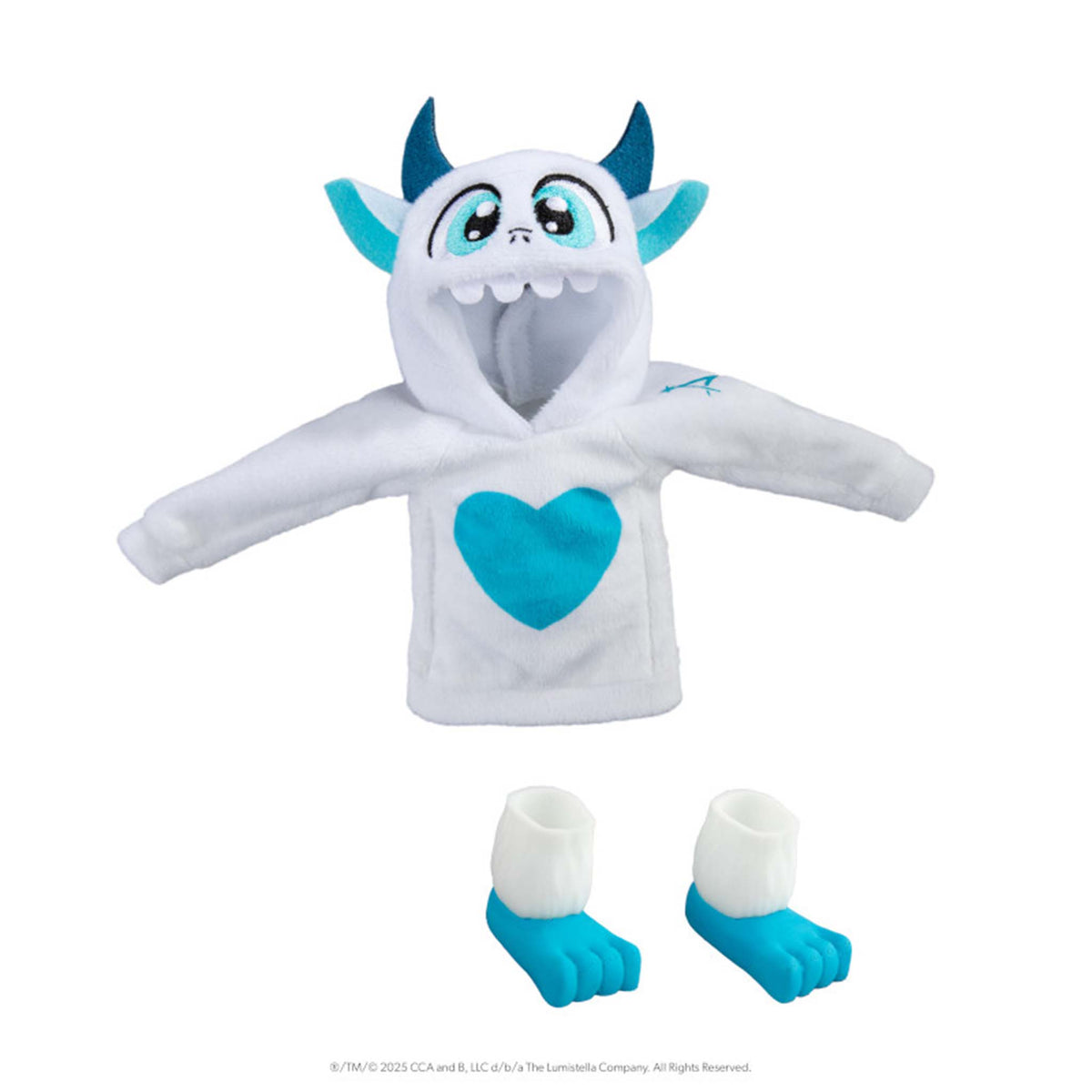 White and blue monster costume with a heart on a white background