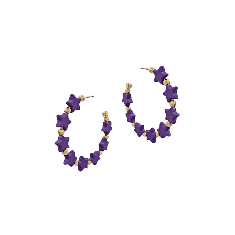 Wooden Star Hoop Earrings in Purple