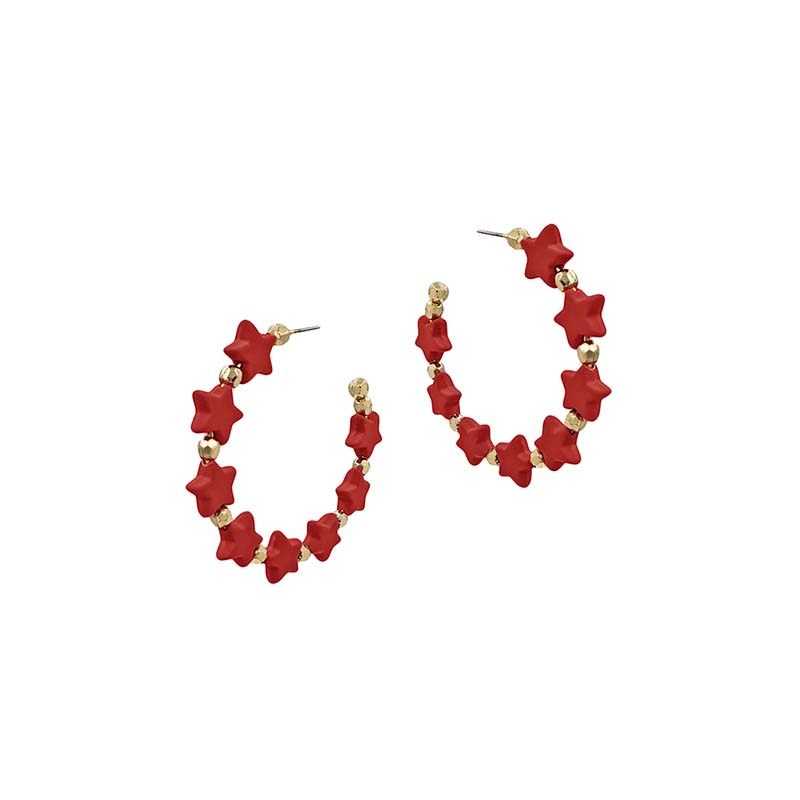 Wooden Star Hoop Earrings in Red
