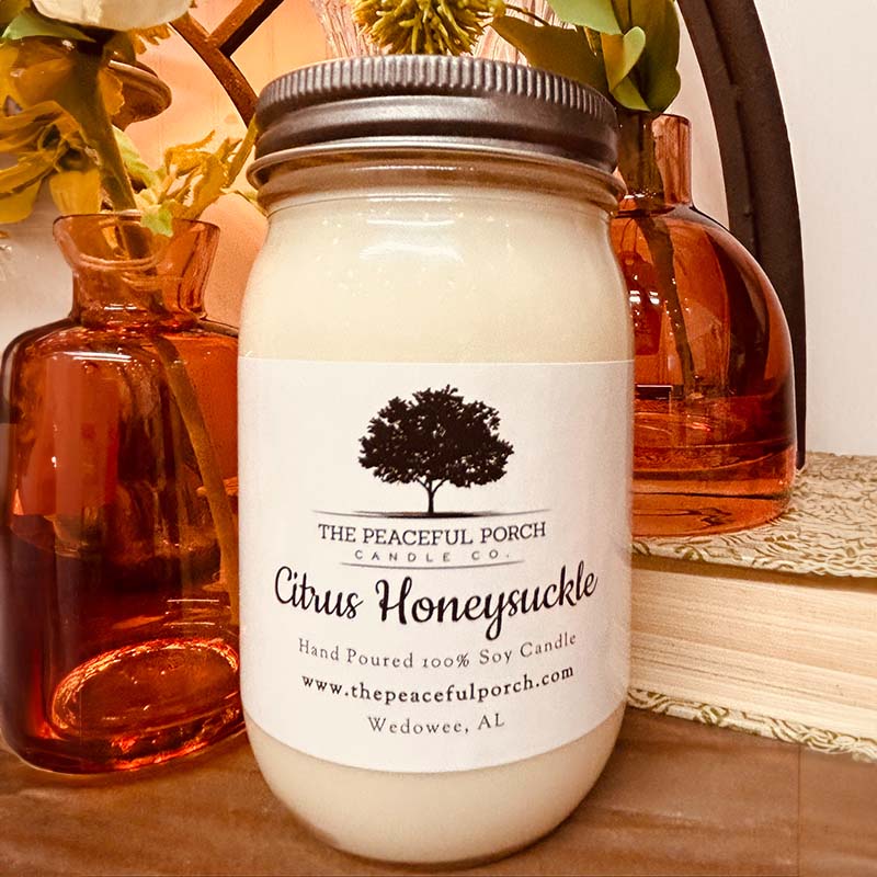 The Peaceful Porch Citrus Honeysuckle Jar 16oz Candle Palmetto Moon