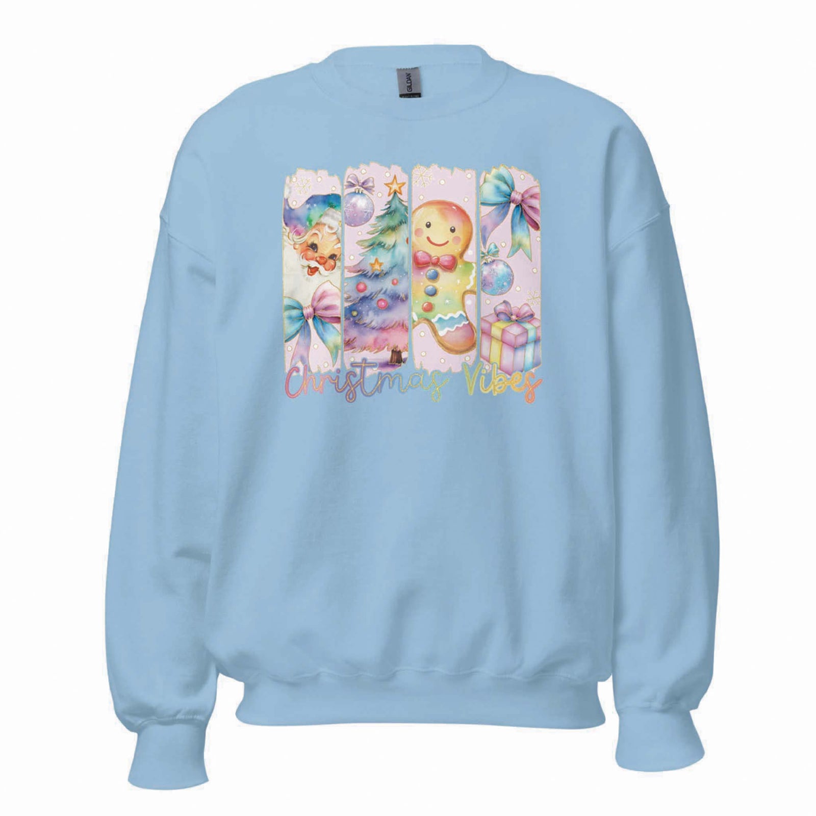 Hippie Runner Christmas Vibes Crewneck Sweatshirt with pastel graphics on a light blue sweatshirt.