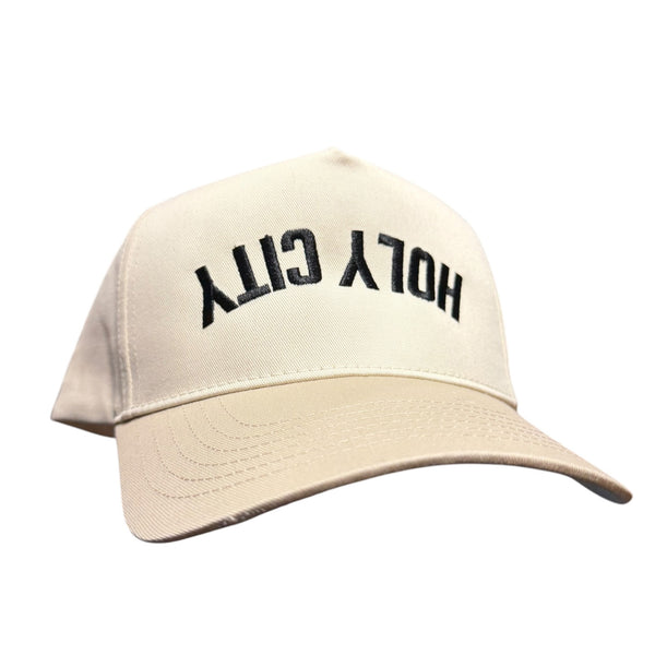 Holy City Upside Down Embroidered Trucker Hat in Khaki