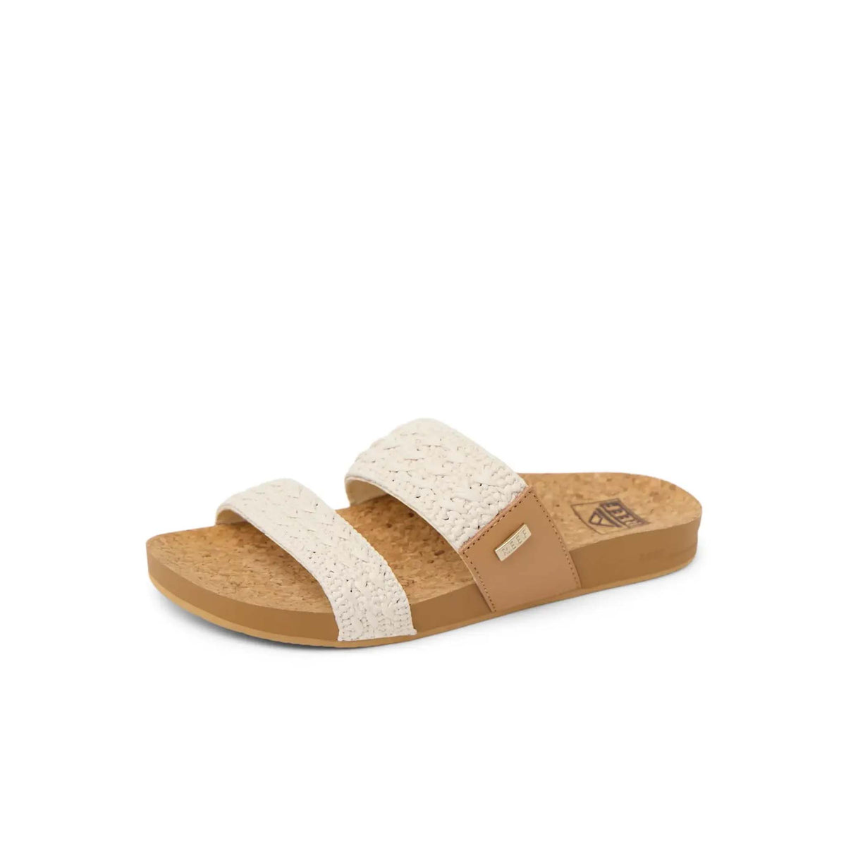 Beige sandal with woven straps on a white background