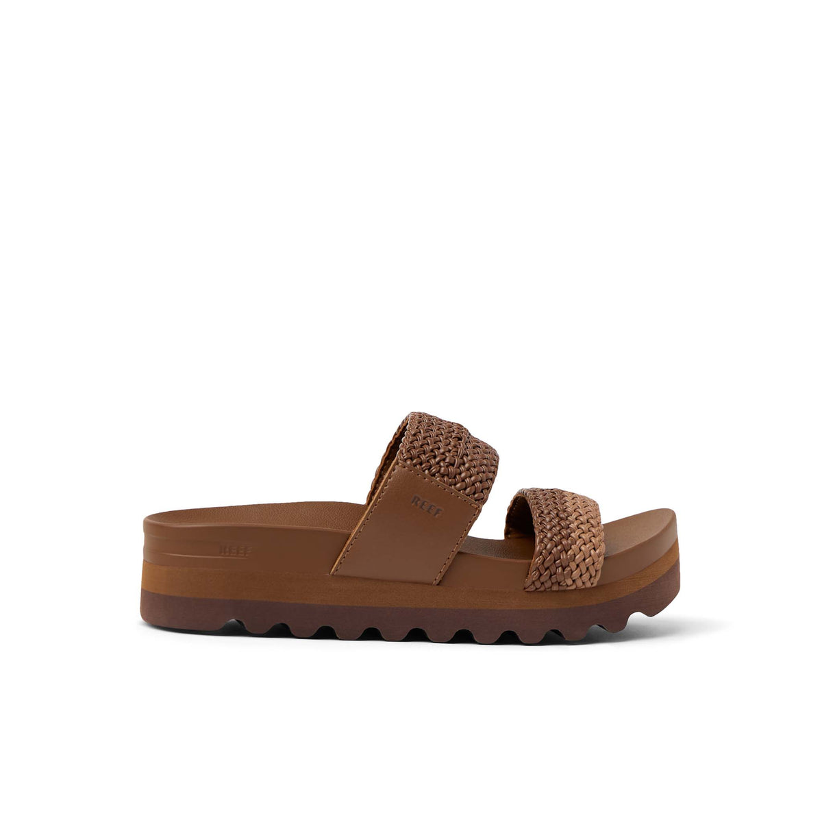 Brown sandal with textured straps on a white background