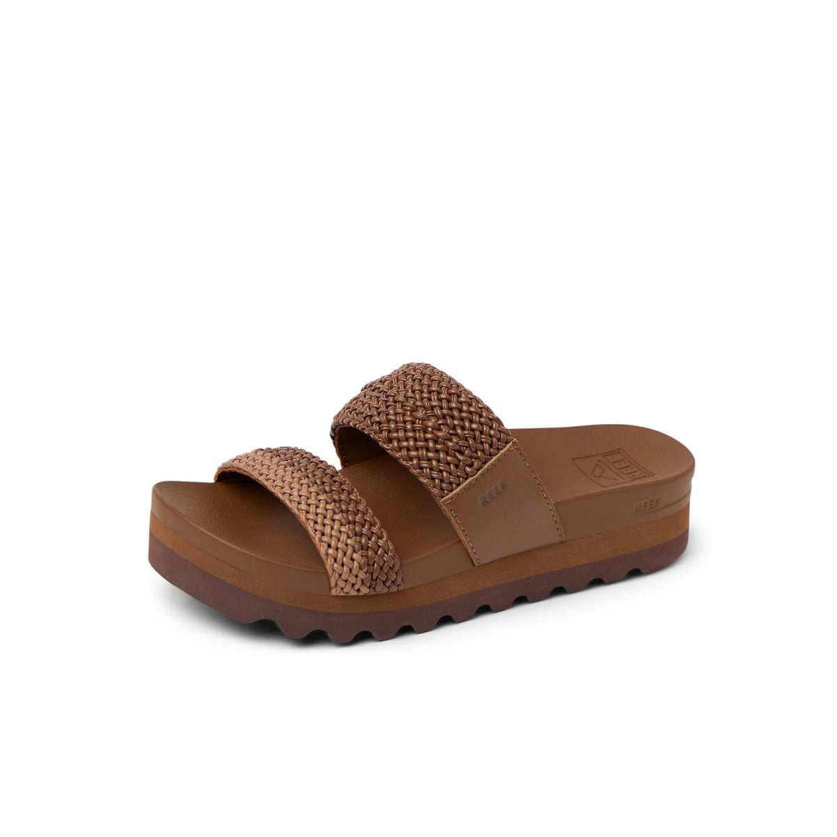 Brown sandal with textured straps on a white background
