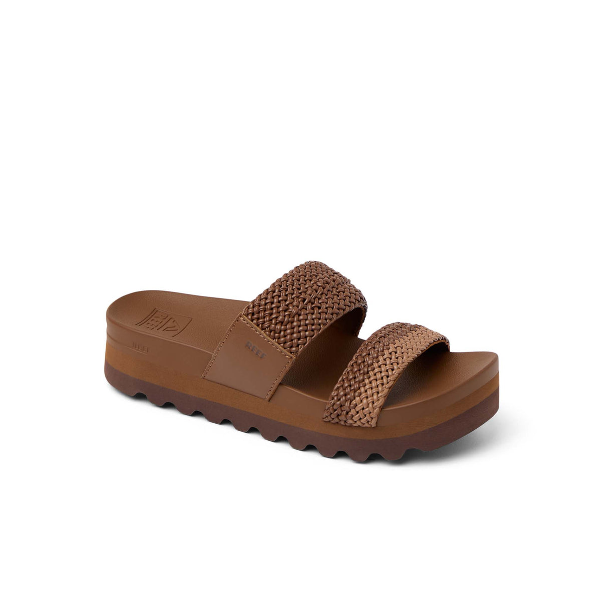 Brown sandal with textured straps on a white background