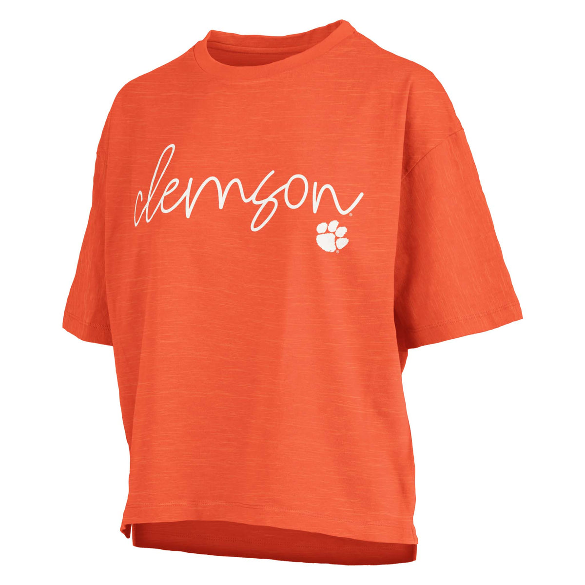 Front angled view of an orange cropped Clemson t-shirt with white cursive “Clemson” text and a paw print logo on the chest.