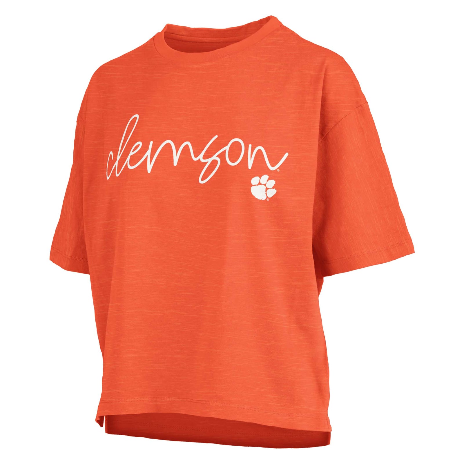 Front angled view of an orange cropped Clemson t-shirt with white cursive “Clemson” text and a paw print logo on the chest.