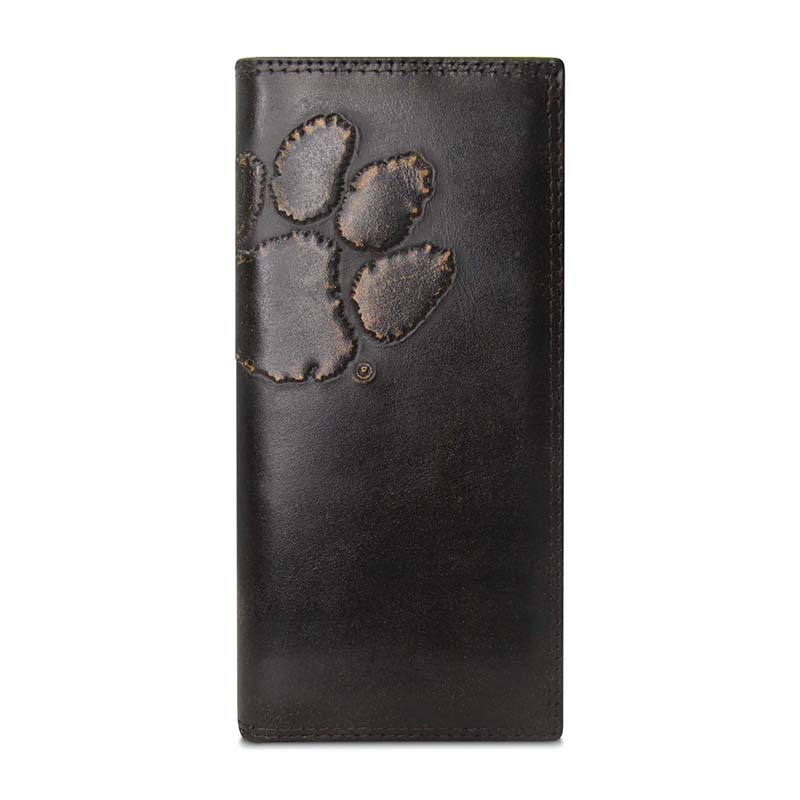 NCAA Clemson Tigers Genuine Leather Long Secretary Wallet - Embossed Logo, Brown Pull-Up Leather