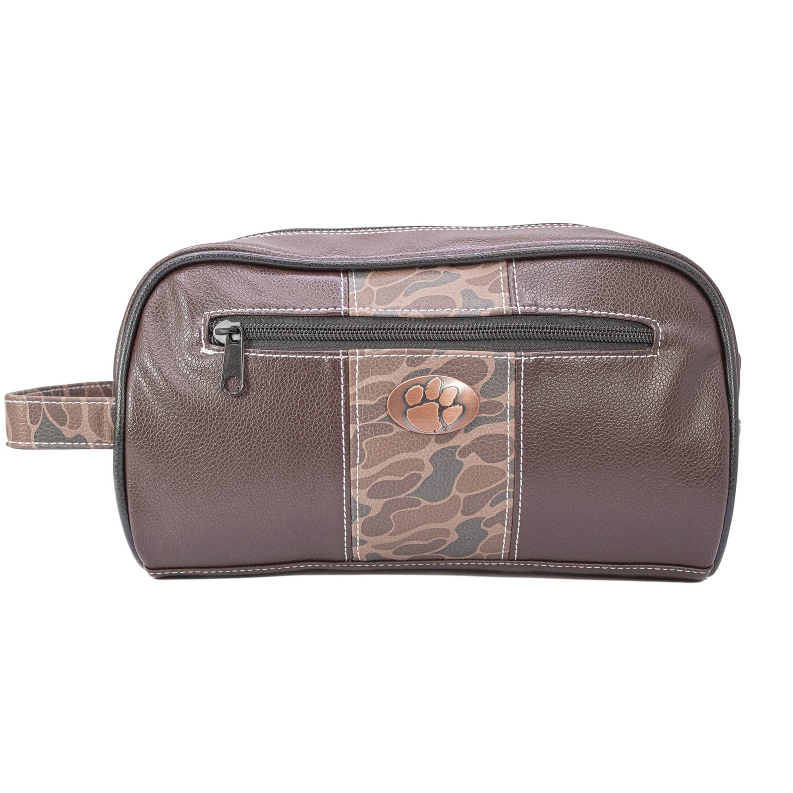 Leather dopp kit with a rustic brown finish, featuring a silver concho-style Clemson University emblem on the front center. The bag has a rectangular shape with a sturdy zipper closure and a small leather handle on one side.