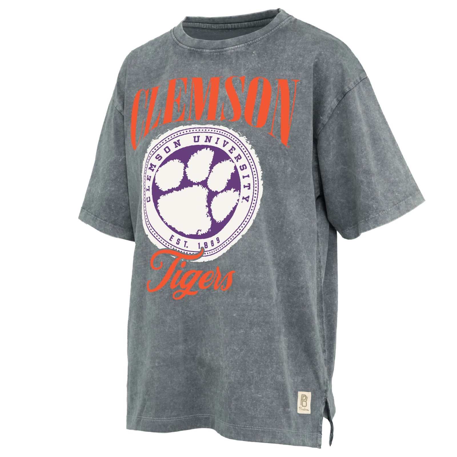 mineral wash Gray t-shirt with Clemson University logo on a white background
