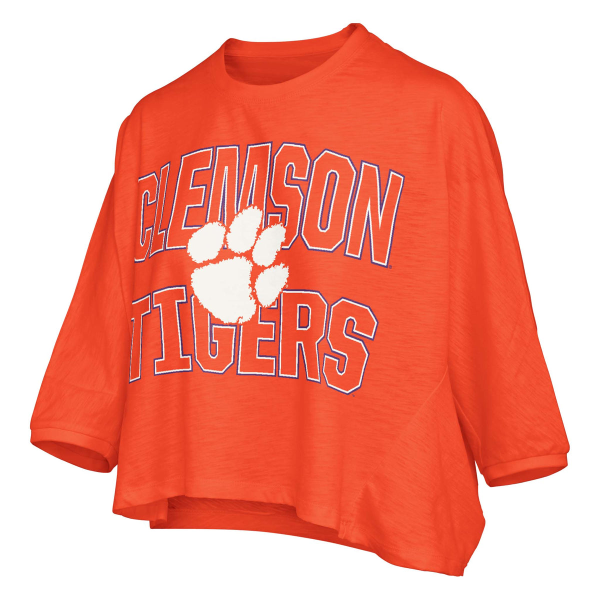 Front angled view of an oversized orange Clemson t-shirt with “Clemson Tigers” text and a large white paw print across the chest.