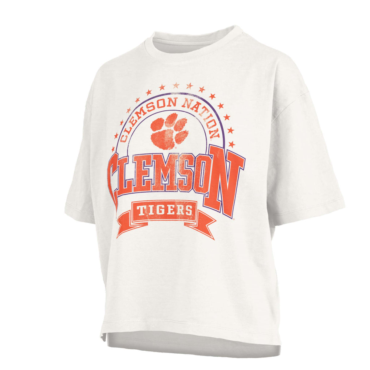White cropped Clemson Tigers t-shirt with bold Clemson text, orange paw logo, and “Clemson Nation” graphic on the front.