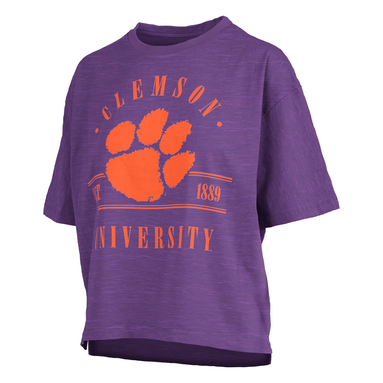 Angled front view of a cropped purple Clemson University t-shirt with a large orange paw print and vintage-style “Clemson University” text and “Est. 1889” graphic.