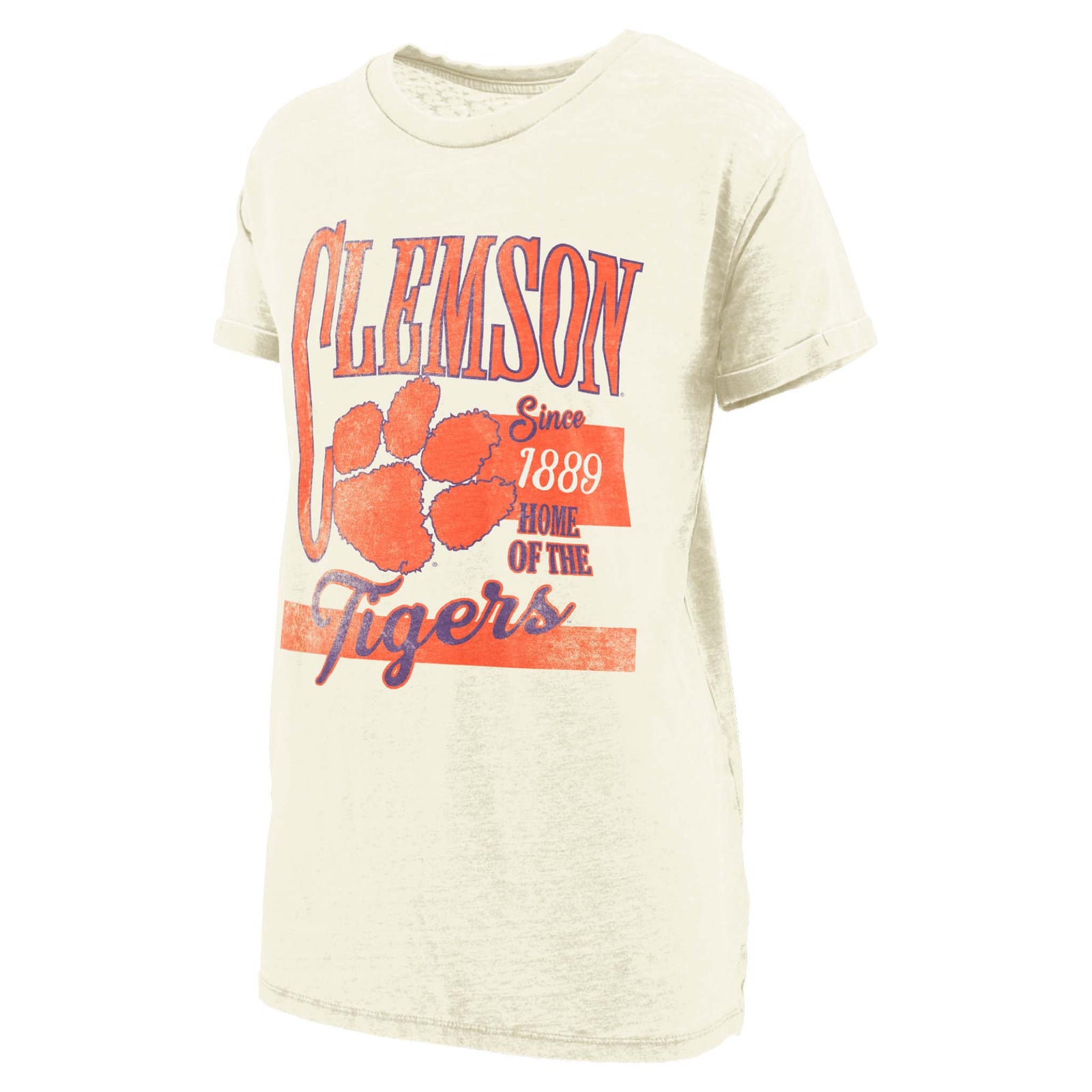 Ivory short sleeve tee with orange Clemson paw and vintage “Clemson Tigers” graphic and 1889 founding year.
