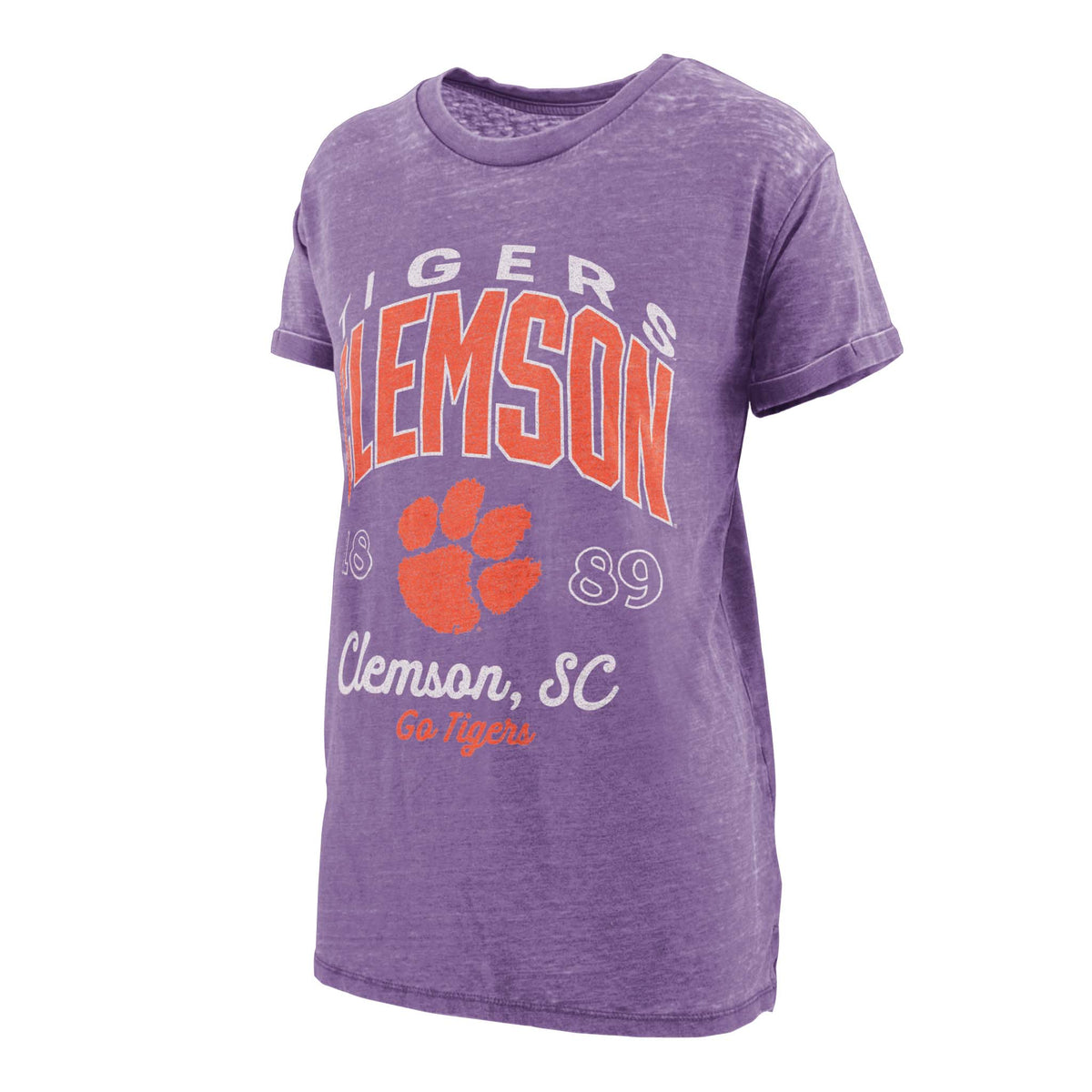 Purple Clemson Tigers vintage graphic t-shirt with orange paw logo, bold Clemson text, and “Clemson, SC Go Tigers” design.