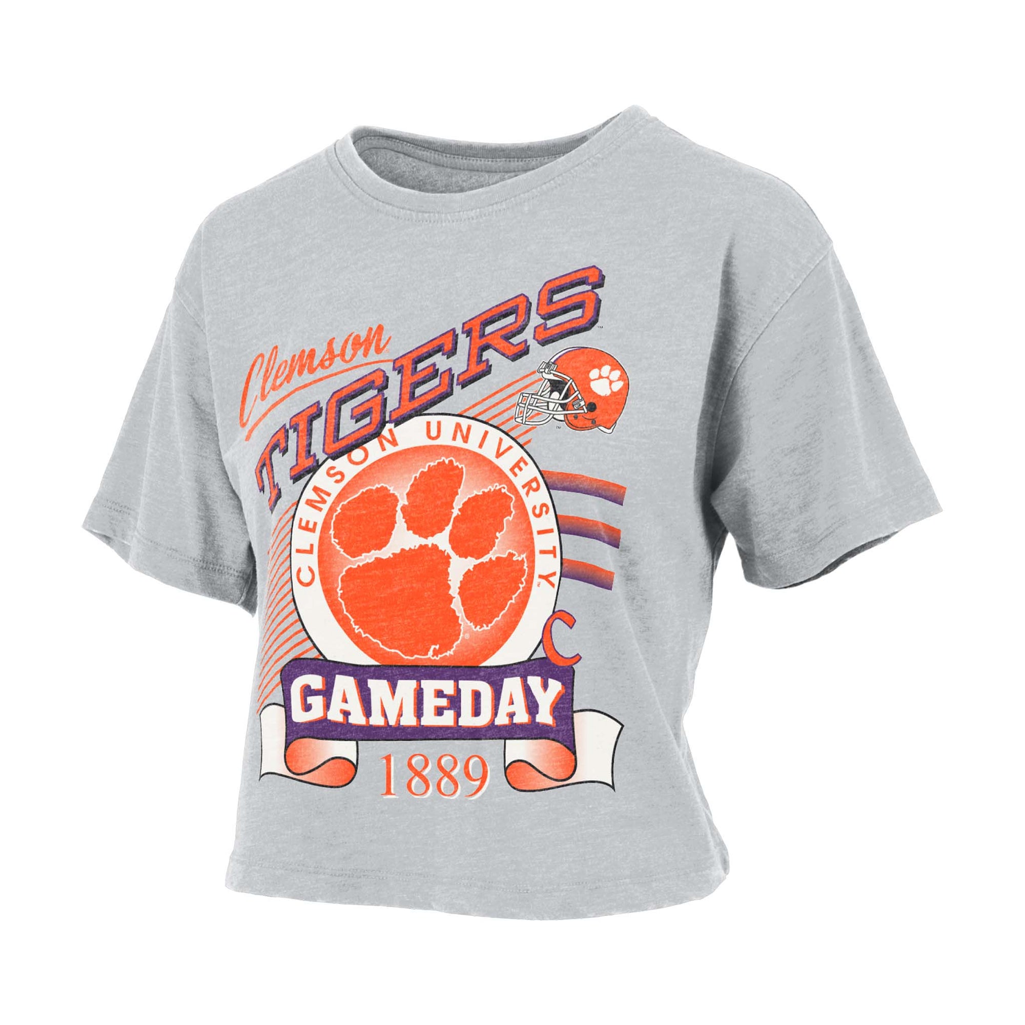 Grey cropped tee with bold Clemson Tigers and football graphic, large orange paw, and "Gameday 1889" design.