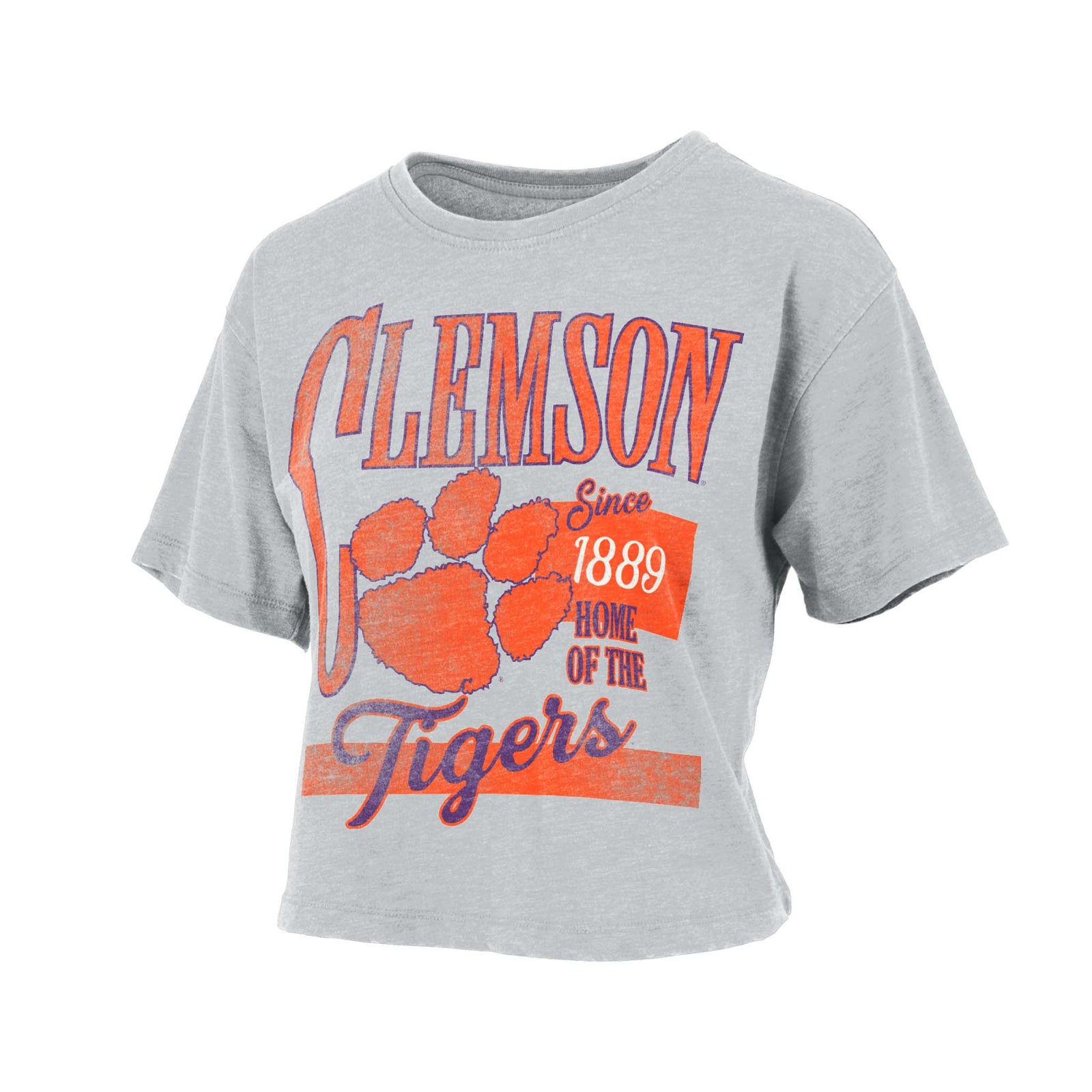 Light grey cropped Clemson Tigers t-shirt with oversized Clemson text, orange paw logo, and “Since 1889 Home of the Tigers” design.