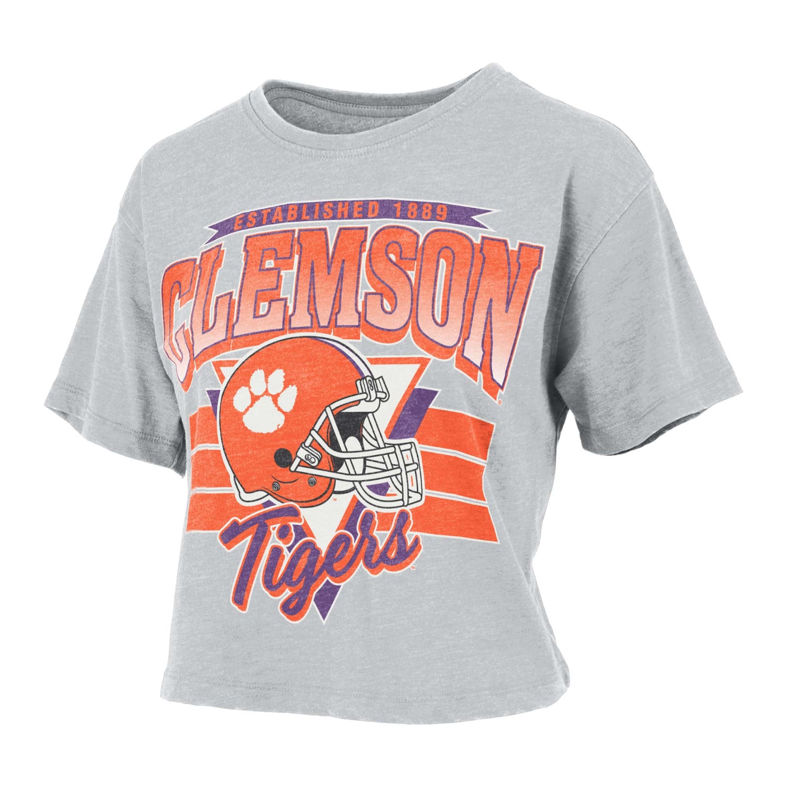 Light grey cropped Clemson Tigers t-shirt with bold Clemson text, orange football helmet graphic, and “Established 1889” design.