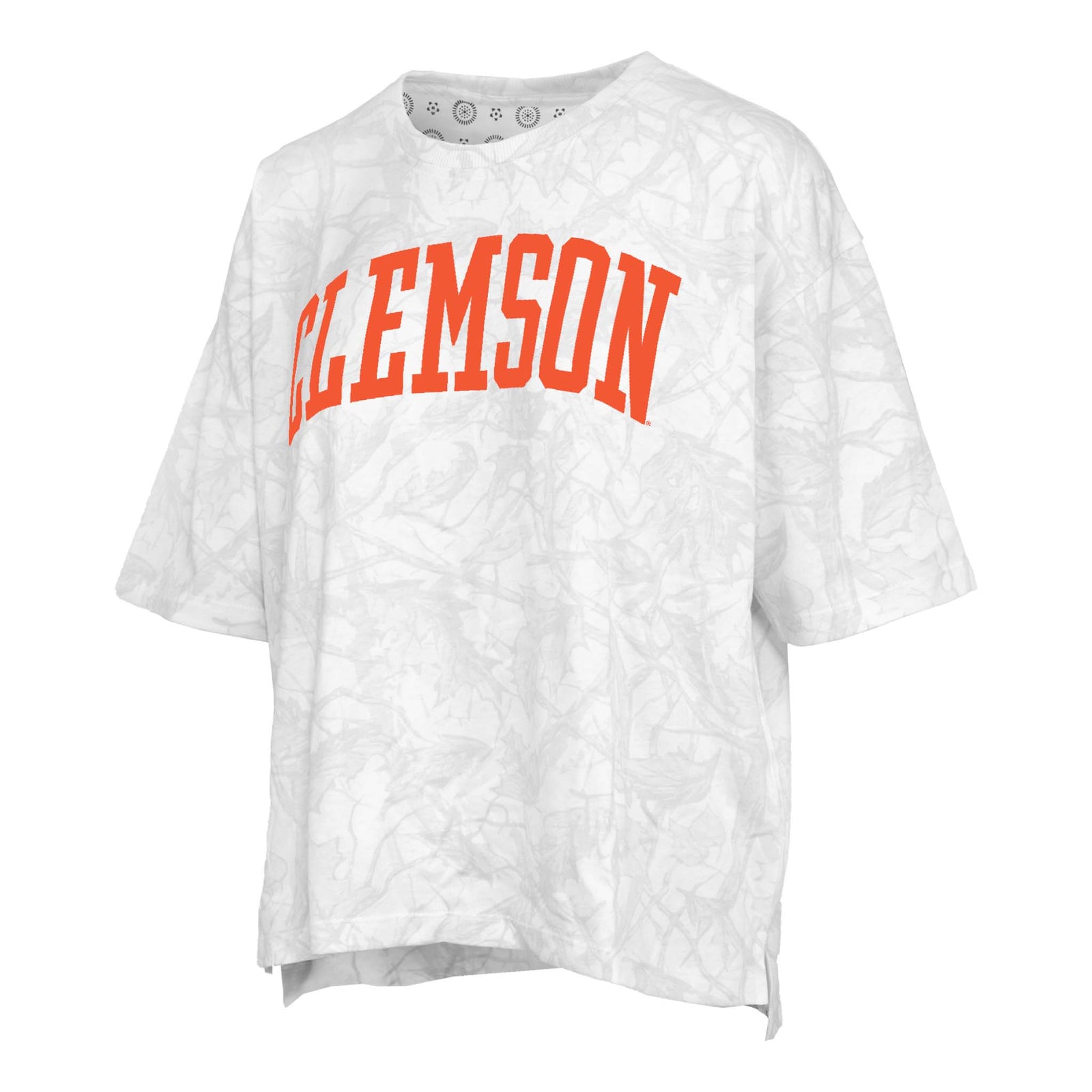 Clemson Varsity Camo Oversized Short Sleeve T-Shirt in all-over white and light grey camo pattern and Clemson in bold collegiate lettering across the chest.