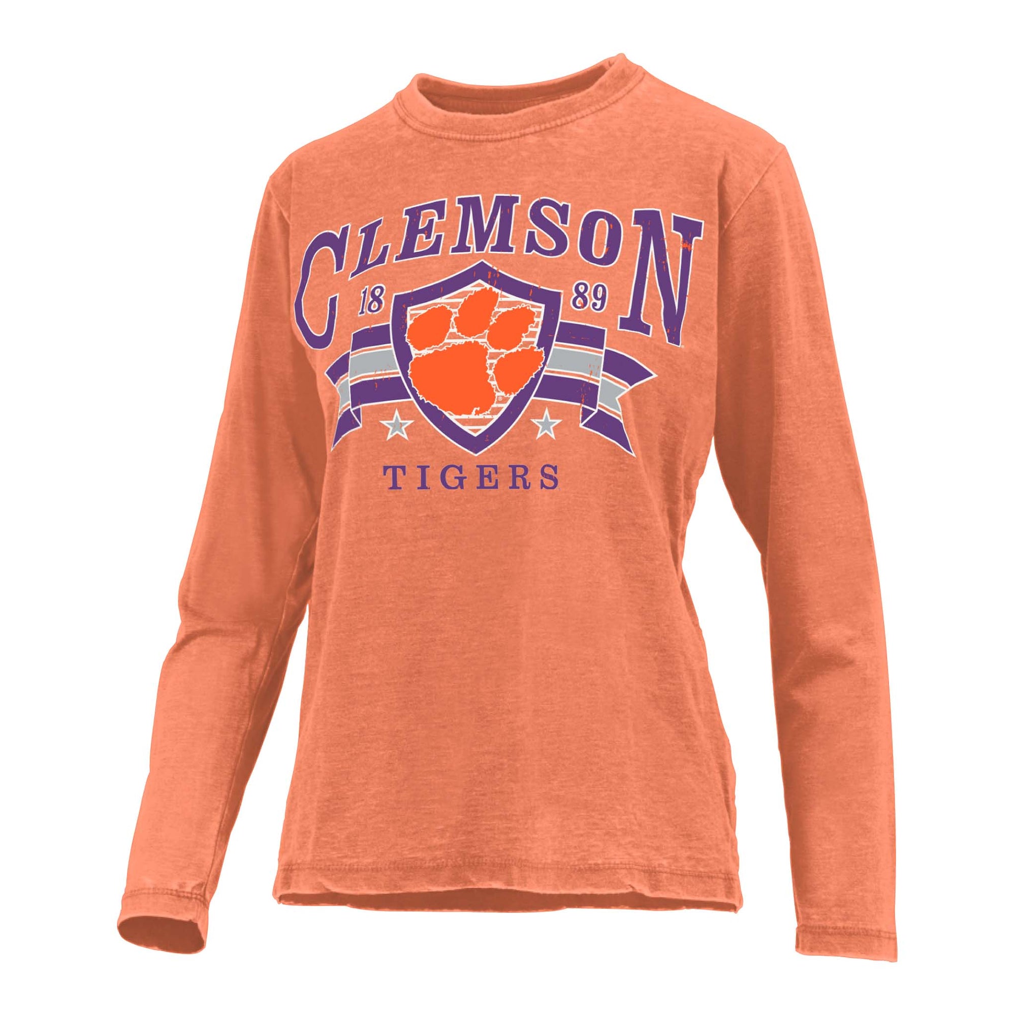 Orange long sleeve Clemson Tigers t-shirt with large paw shield graphic, “1889” detail, and bold Clemson lettering across the front.