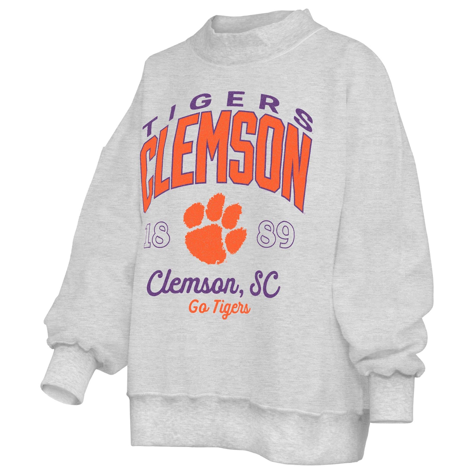 Gray sweatshirt with Clemson University graphics and text on a white background