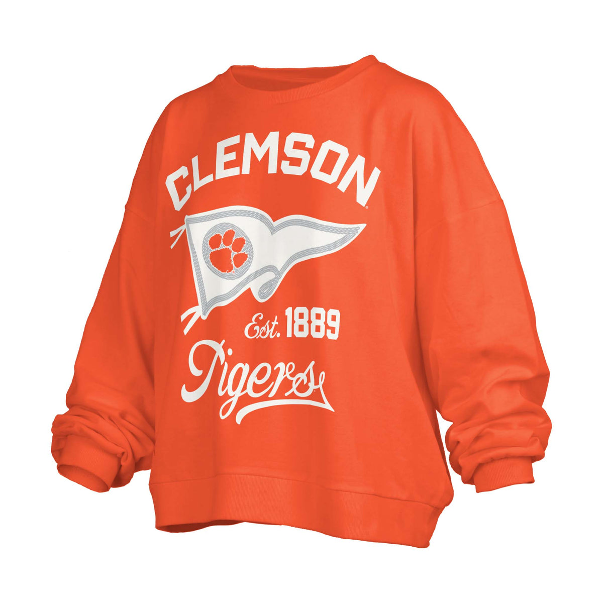 Orange Clemson Tigers oversized crewneck sweatshirt with pennant graphic, white paw logo, and “Est. 1889 Tigers” lettering on the front.