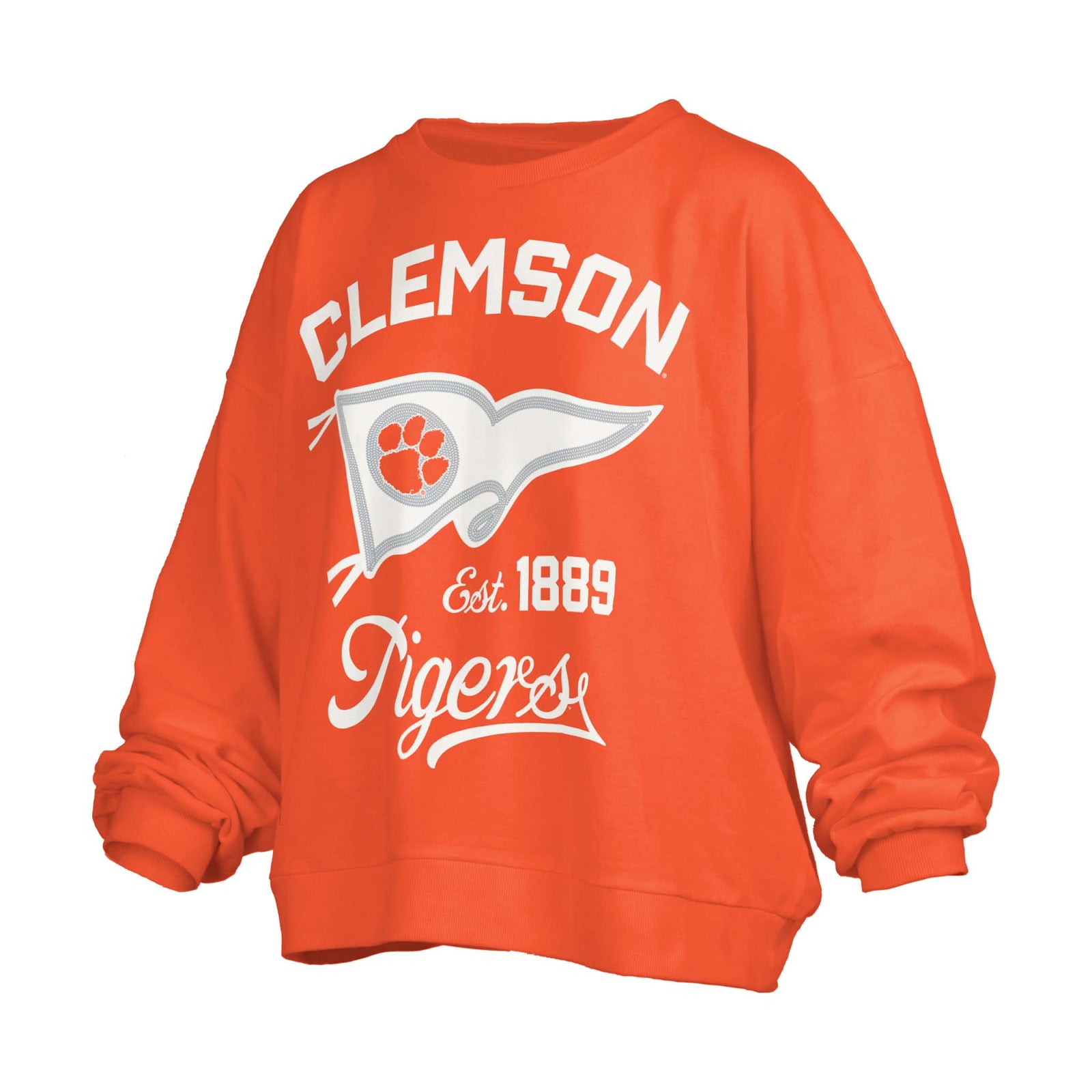 Orange Clemson Tigers oversized crewneck sweatshirt with pennant graphic, white paw logo, and “Est. 1889 Tigers” lettering on the front.