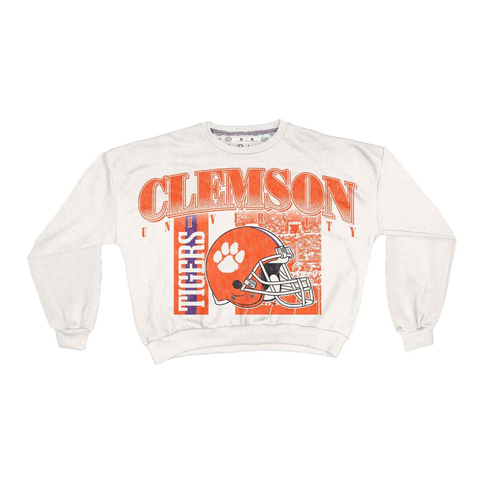 Front of white Clemson Tigers crewneck sweatshirt with bold “Clemson University” text, orange football helmet with paw logo, and stadium graphic.