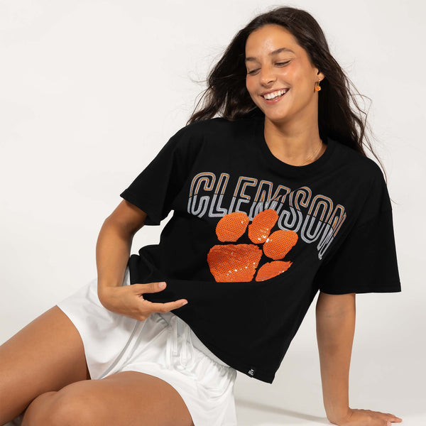 Clemson Tigers Sequin Paw Cropped T-Shirt