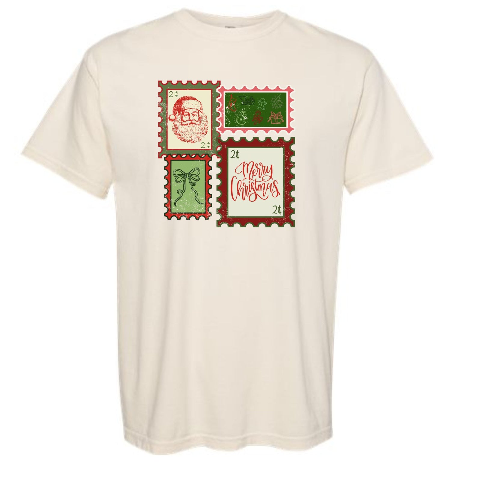 Ivory short sleeve t-shirt with vintage-style Christmas stamp graphics featuring Santa, mistletoe, holiday icons, and “Merry Christmas” text.