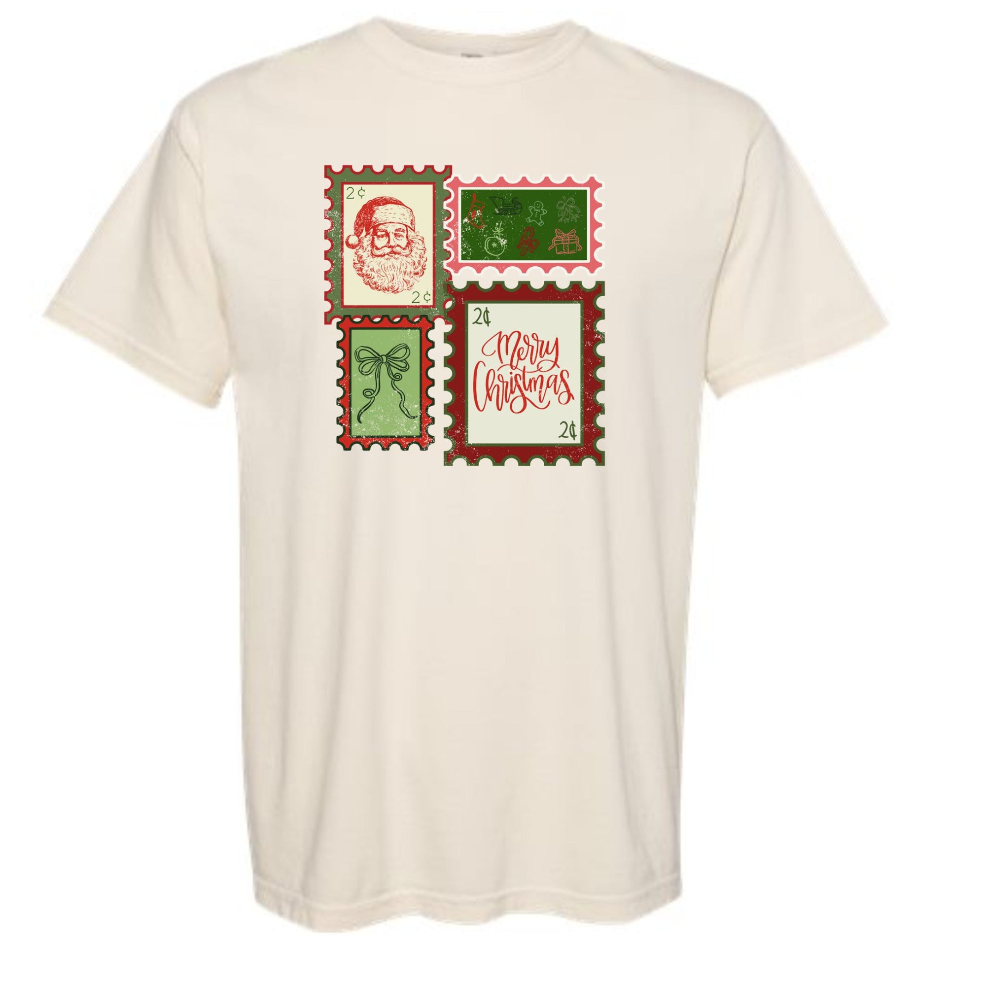 Ivory short sleeve t-shirt with vintage-style Christmas stamp graphics featuring Santa, mistletoe, holiday icons, and “Merry Christmas” text.