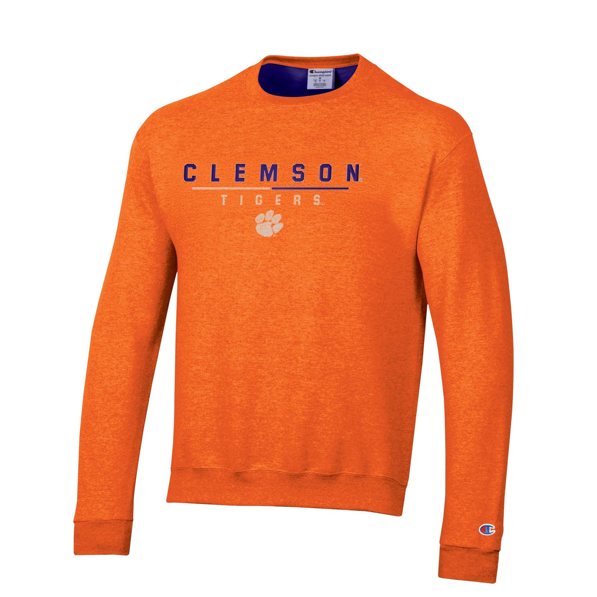 Orange Champion crewneck sweatshirt with “Clemson Tigers” text and white Tiger Paw logo on chest, finished with Champion “C” logo on sleeve.
