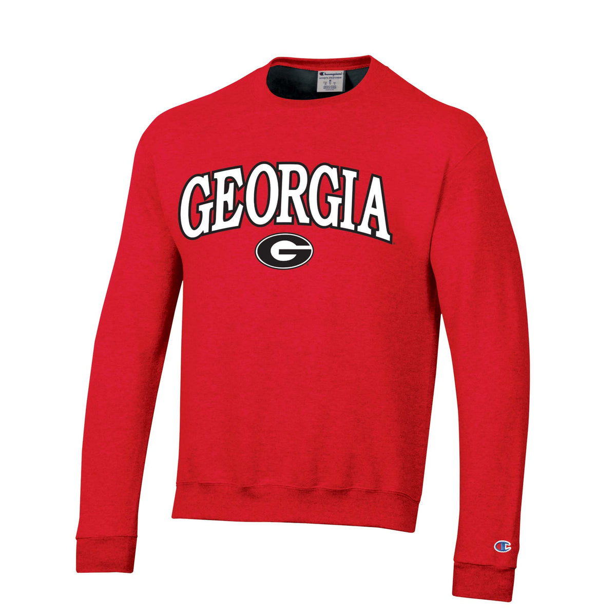 Red Champion crewneck sweatshirt with bold “Georgia” text and Bulldogs “G” logo on chest, finished with Champion “C” logo on sleeve.