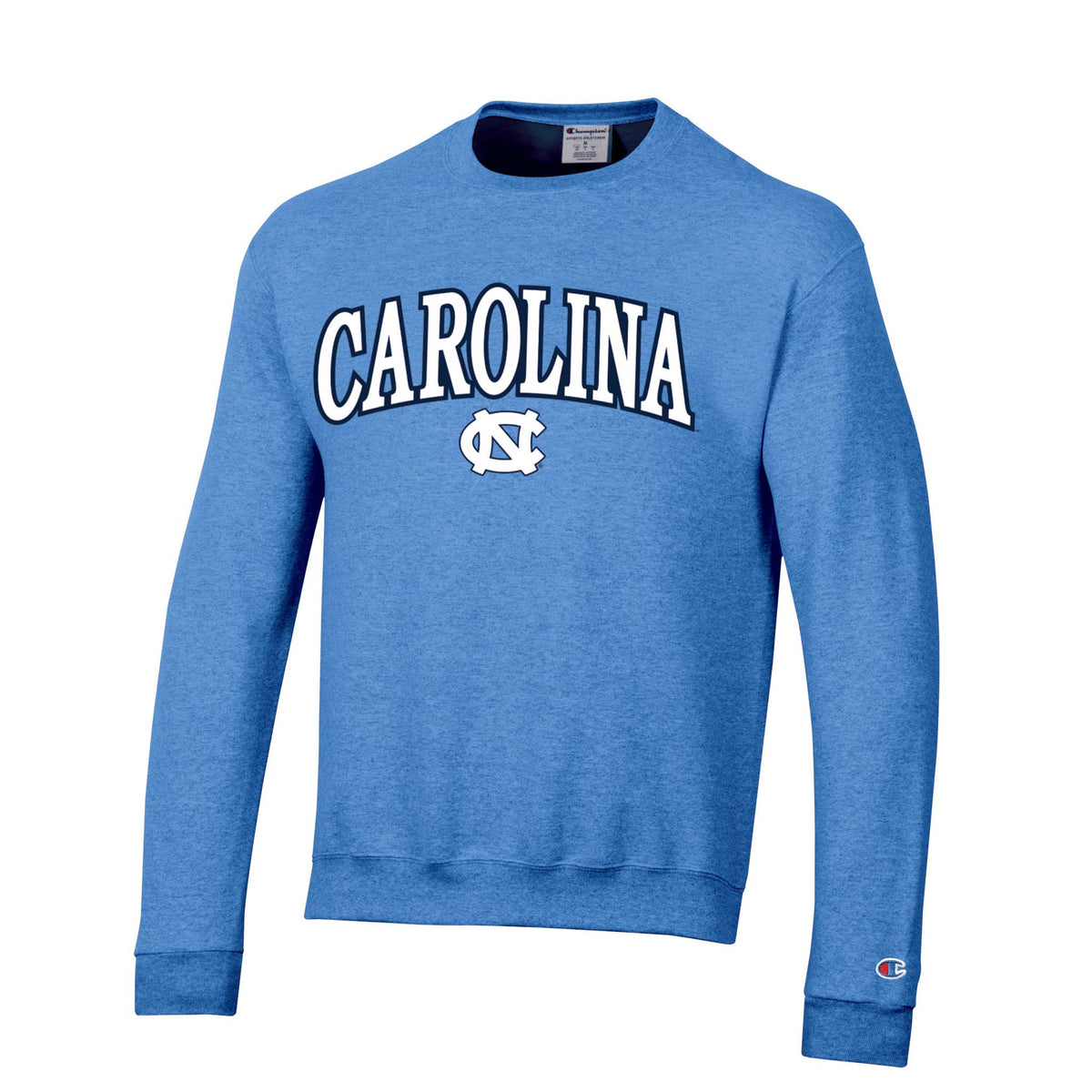 Carolina blue Champion crewneck sweatshirt with bold “Carolina” text and interlocking NC logo on chest, finished with Champion “C” logo on sleeve.