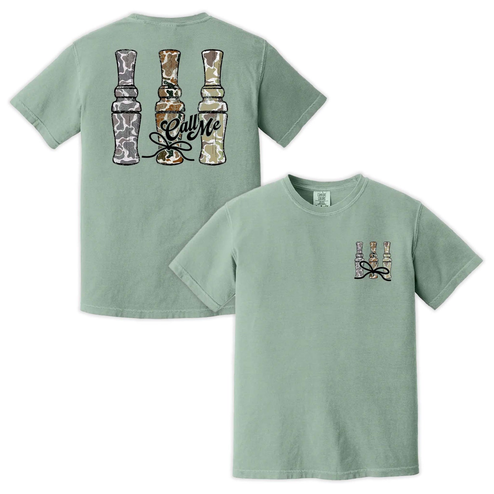 Sugar Stitch short sleeve t-shirt in bay green with three camo duck calls and “Call Me” text on back, small matching chest graphic on front.
