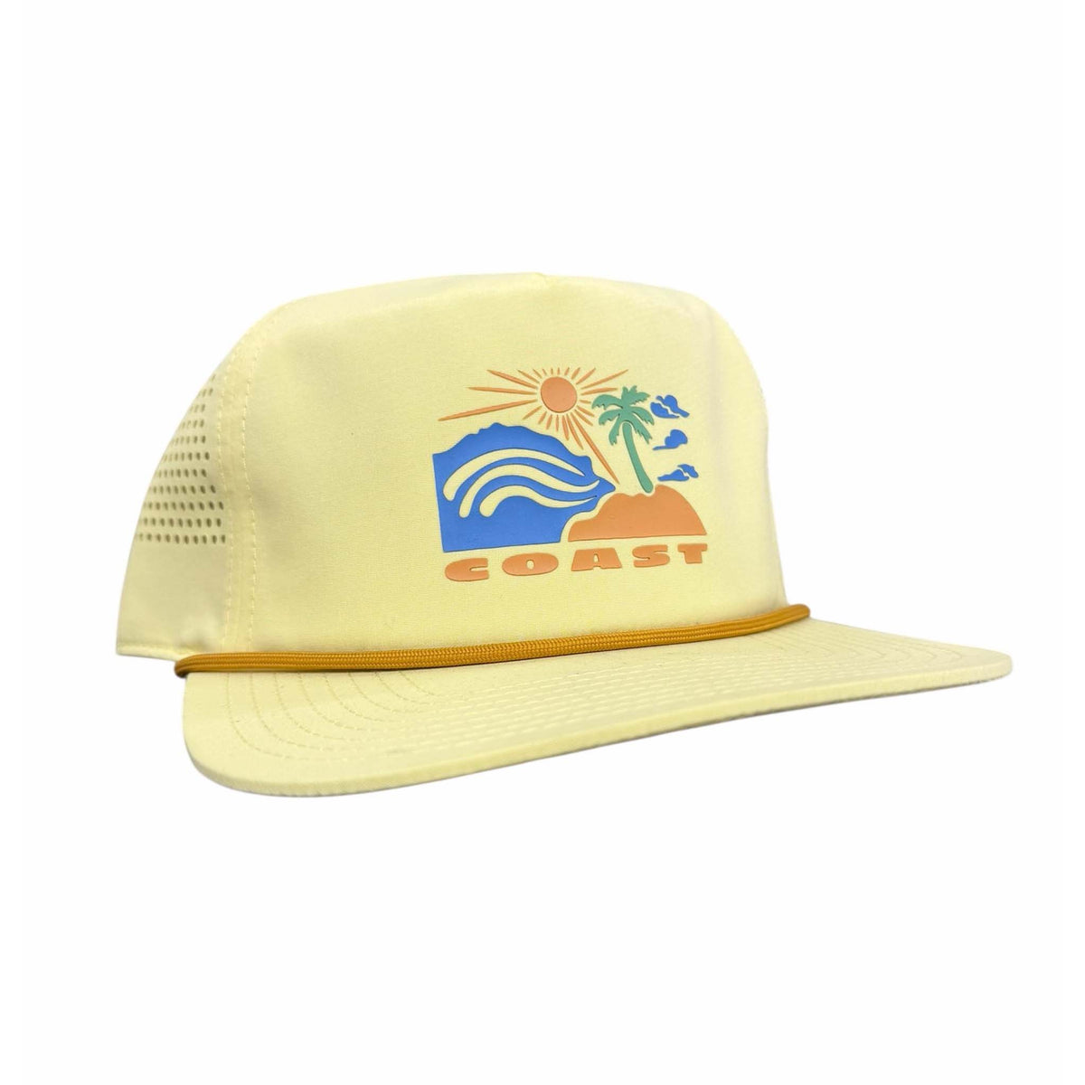 Yellow cap with a coastal design and 'COAST' text on a white background