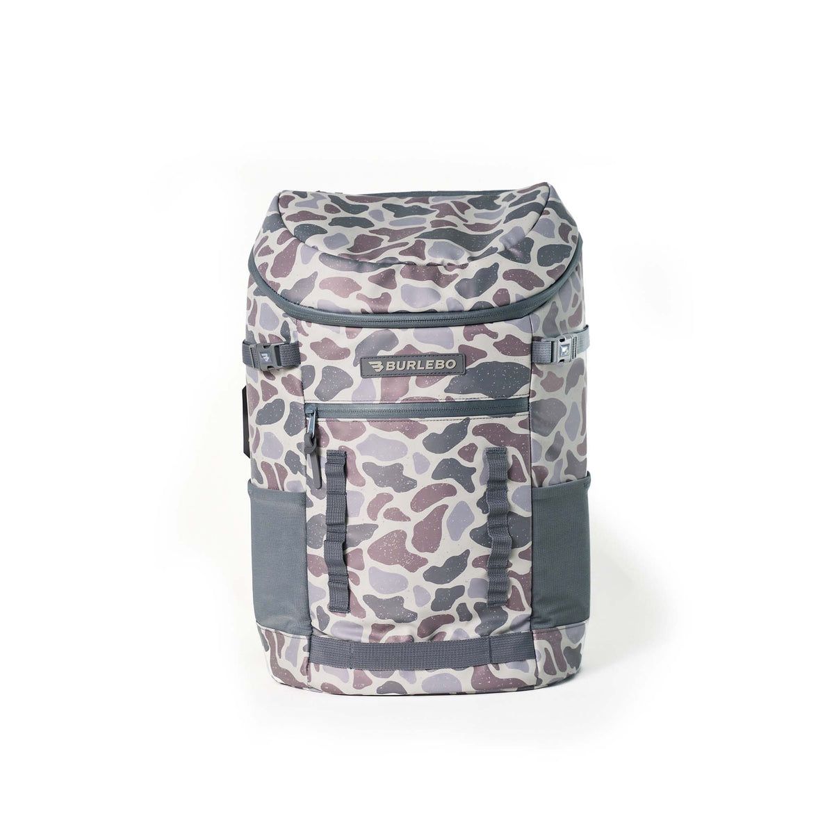 Burlebo Classic Deer Camo Cooler Backpack front view with large insulated body, zip pocket, and camo exterior.