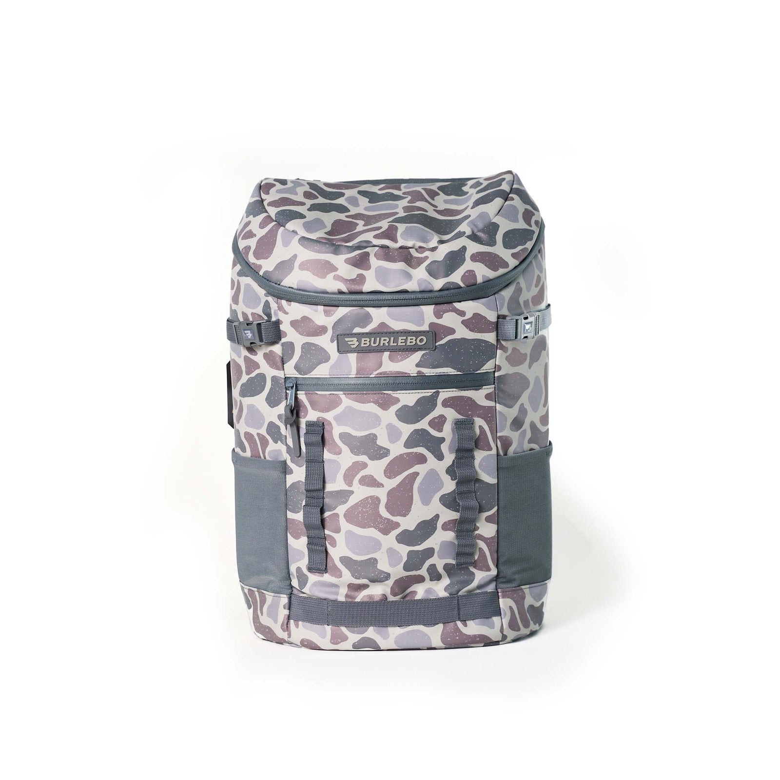 Burlebo Classic Deer Camo Cooler Backpack front view with large insulated body, zip pocket, and camo exterior.
