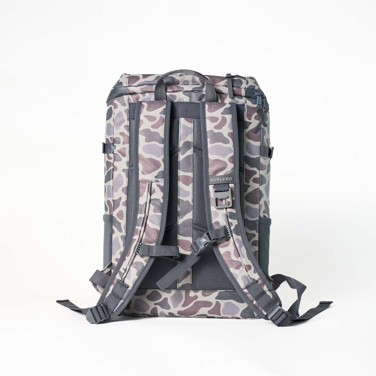 Burlebo Classic Deer Camo Cooler Backpack back view with padded straps, breathable mesh panel, and carry handle.