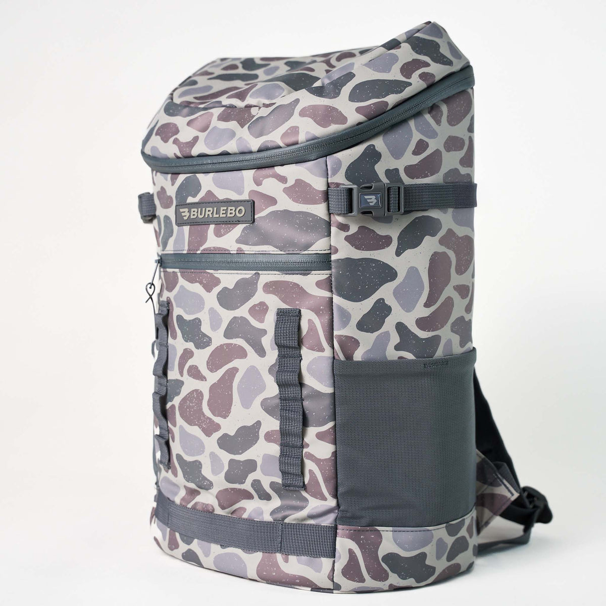 Burlebo Classic Deer Camo Cooler Backpack angled side view showing compression straps and insulated main compartment.