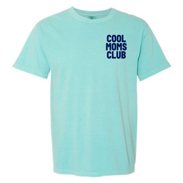 Chalky mint t-shirt with “Cool Moms Club” text on left chest.