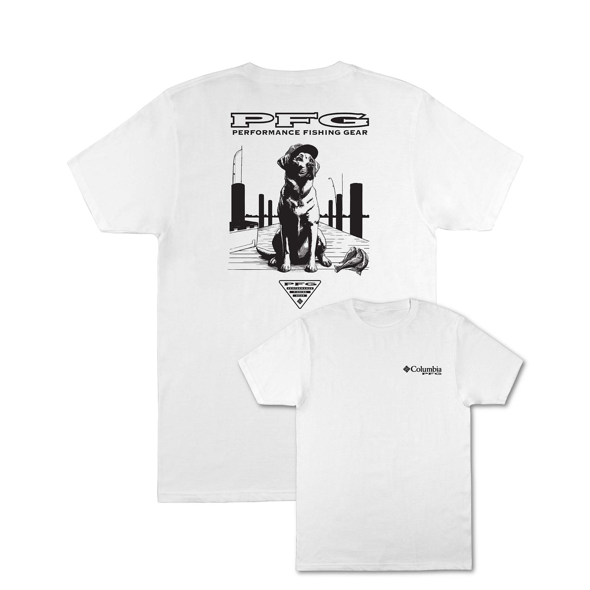 Columbia Sportswear Dog Days Men's Short Sleeve T-shirt, sizes S-XXL. White shirt featuring a labrador retriever sitting on a dock with "PFG Performance Fishing Gear" text. Columbia logo on front chest.